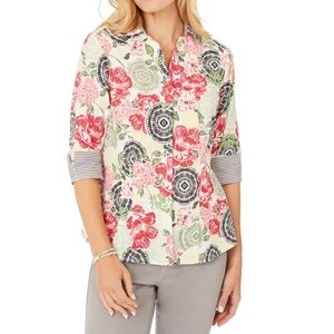 Foxcroft Wrinkle Free Floral Button Down Shirt - Red, Green, Black, White